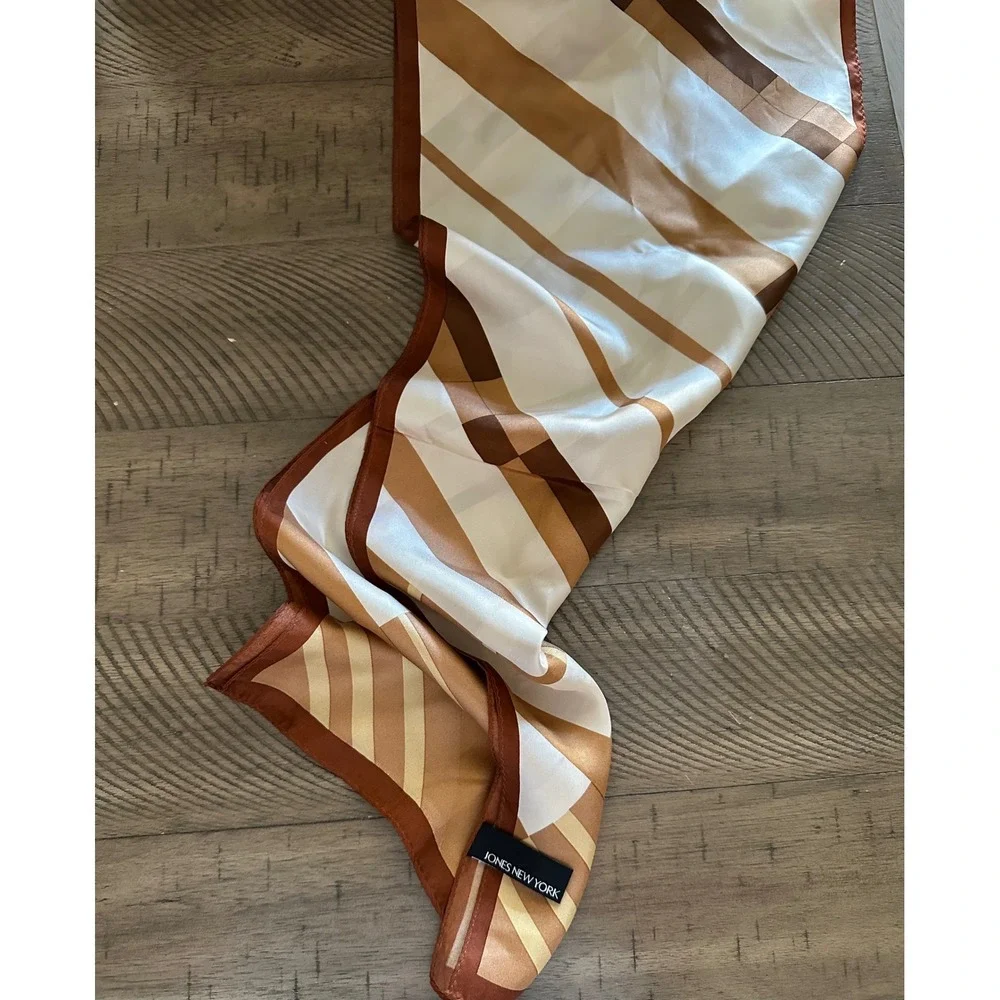 Jones New York 100% Silk Scarf Earth Tone Brown Tan Cream Geometric Stripe